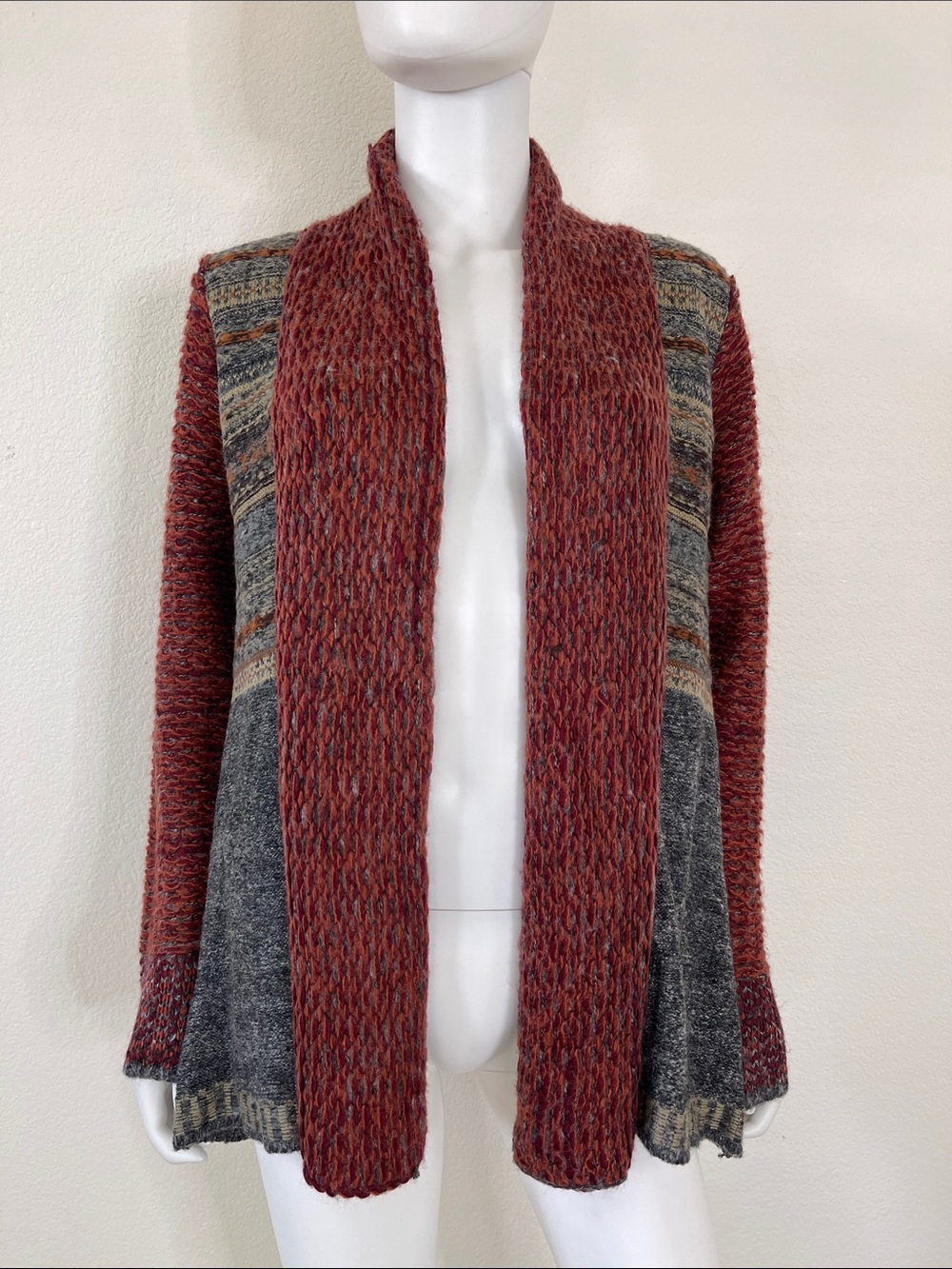 Mystree Open-Front Knit Cardigan in Rust & Gray